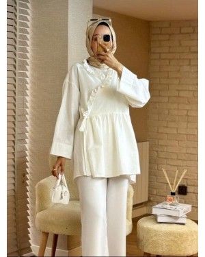 Linen Kimono with Side Tie and Ruffle Collar -Ecru