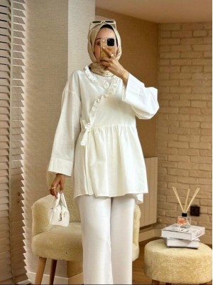 Yakası Fırfırlı Yandan Bağlamalı Keten Kimono -Ekru