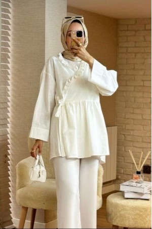 Yakası Fırfırlı Yandan Bağlamalı Keten Kimono -Ekru