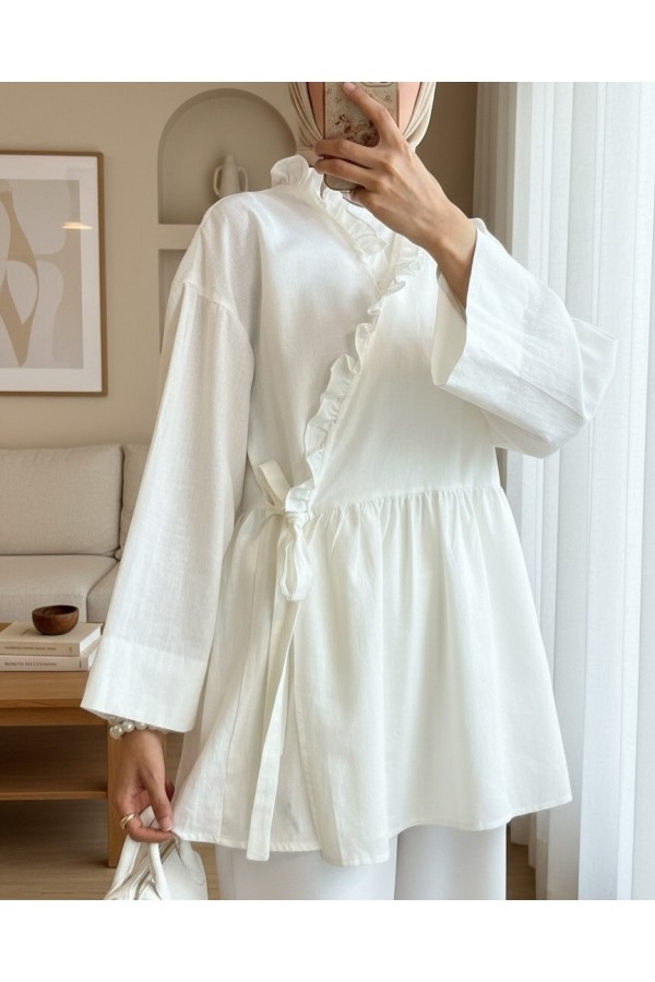 Yakası Fırfırlı Yandan Bağlamalı Keten Görünümlü Kimono -Ekru
