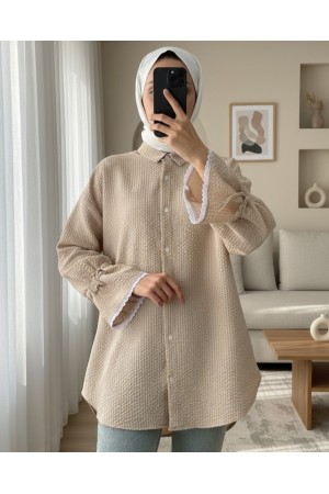 Kolu Büzgü Ve Fistolu Bürümcük Gömlek   -Vizon