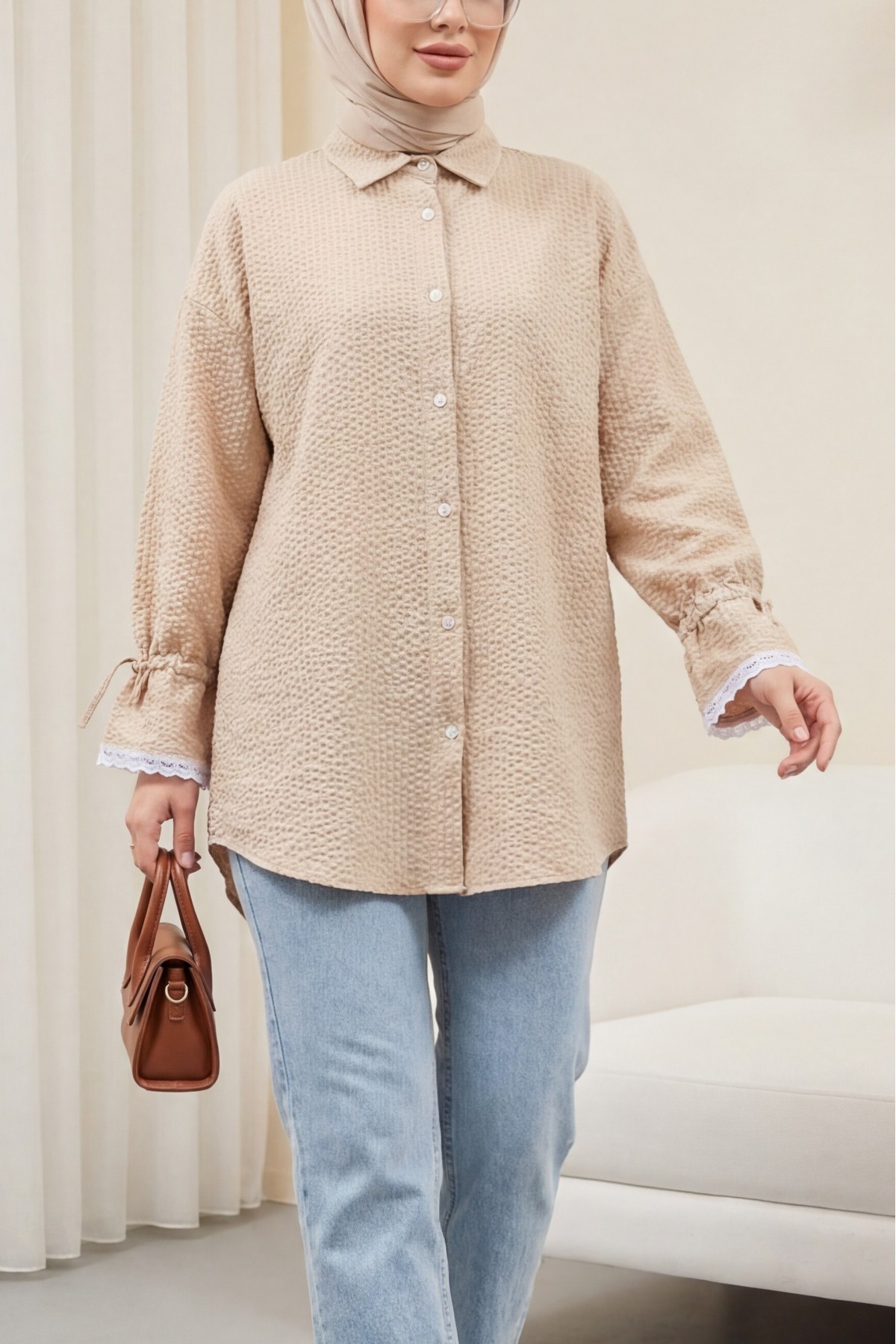 Wrapped Shirt with Gathered Sleeves and Scallops   -Mink color