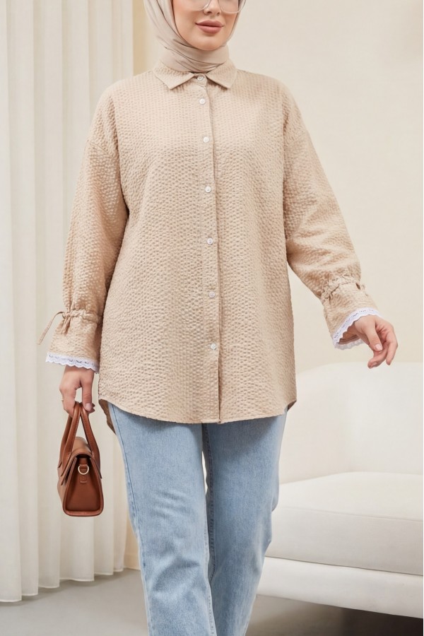 Wrapped Shirt with Gathered Sleeves and Scallops   -Mink color