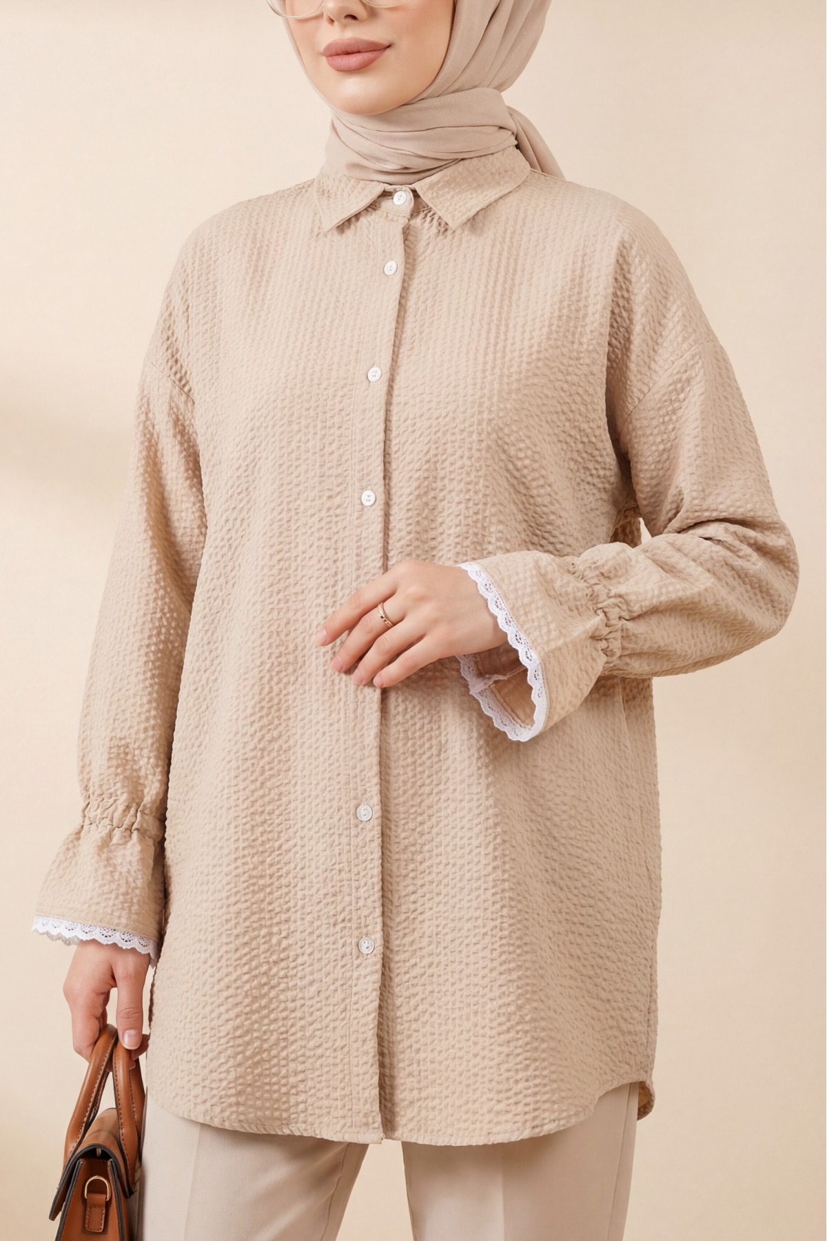 Wrapped Shirt with Gathered Sleeves and Scallops   -Mink color detay görseli