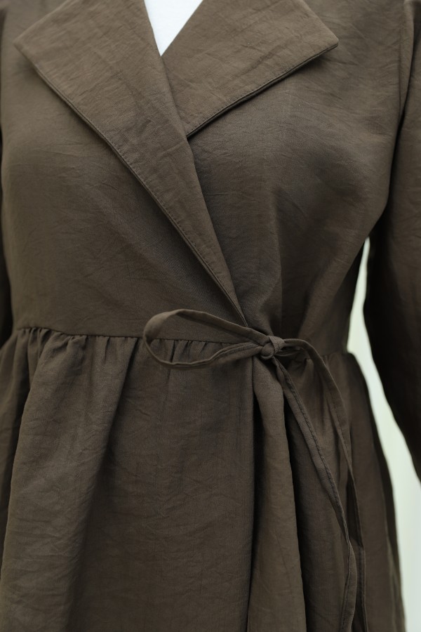 Side Tie Sleeve Cuff Slit Kimono  -Brown