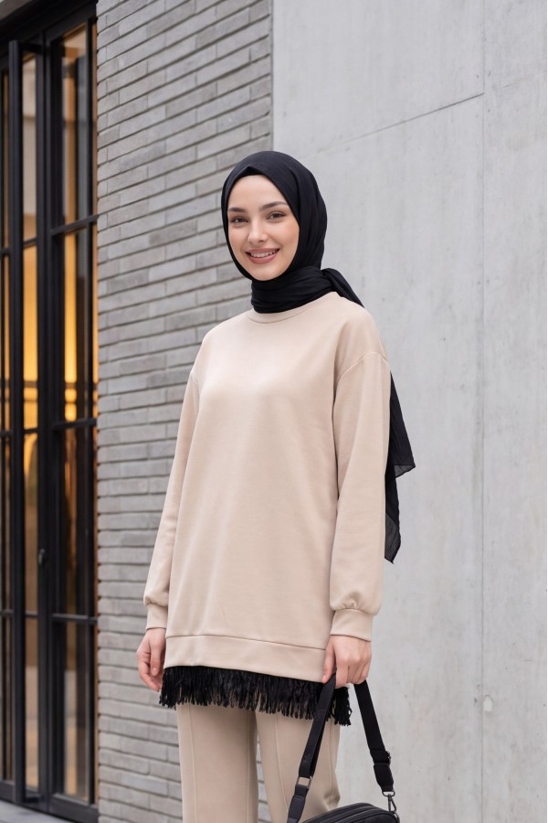 Etek Ucu Fistolu Bisiklet Yaka Tunik -Bej