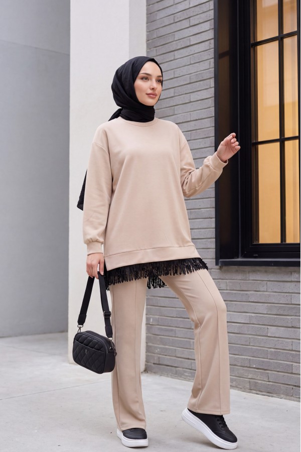 Etek Ucu Fistolu Bisiklet Yaka Tunik -Bej