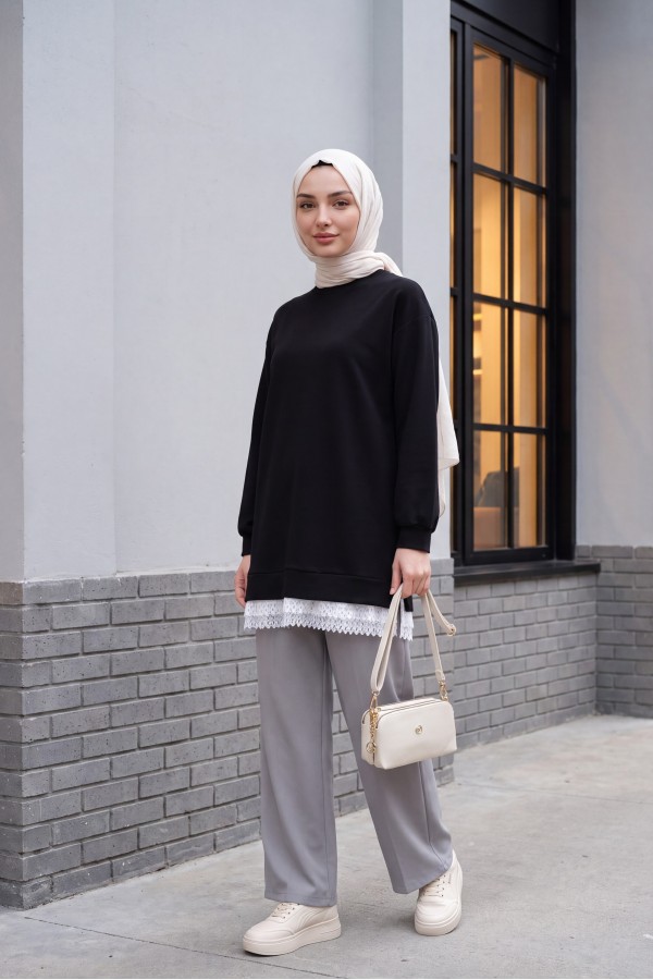 Etek Ucu Fistolu Bisiklet Yaka Tunik -Siyah