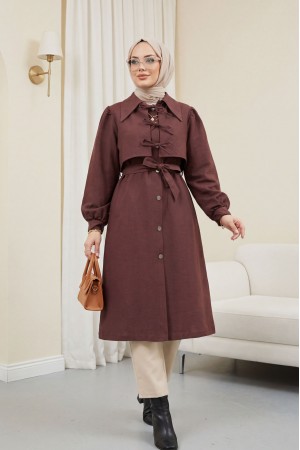 Önü Bağlama Detaylı Düğmeli Cepli Trençkot -Mürdüm