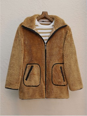Çift Cepli Fermuarlı Astarlı Peluş Mont  -Tarçın