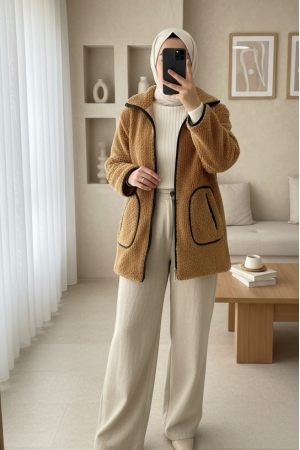 Double Pocket Zippered Lined Plush Coat -Cinnamon
