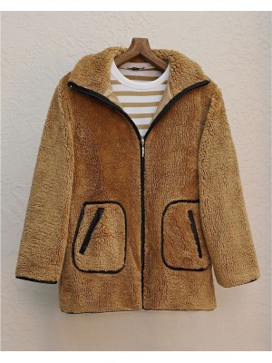 Çift Cepli Fermuarlı Astarlı Peluş Mont  -Tarçın