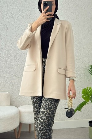 Cepli Tek Düğmeli Likralı Ceket  -Bej