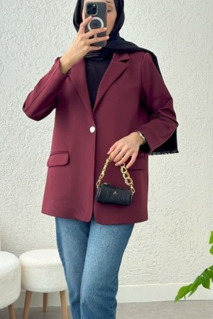 Single Button Lycra Jacket with Pockets -Maroon
