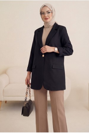 Cepli Tek Düğmeli Likralı Ceket -Siyah