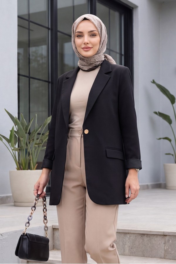 Cepli Tek Düğmeli Likralı Ceket -Siyah