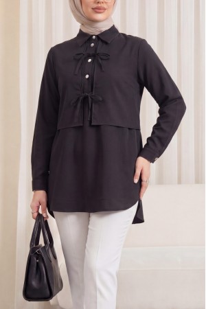 Yelek Detaylı Düğmeli Arkası Uzun Bağcıklı Gömlek -Siyah