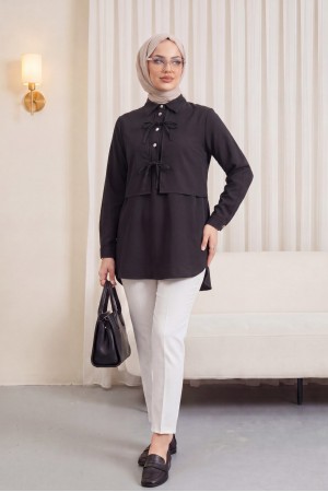 Yelek Detaylı Düğmeli Arkası Uzun Bağcıklı Gömlek -Siyah