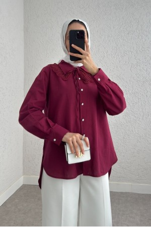 Yakalık Detaylı Arkası Uzun Düğmeli Gömlek -Bordo