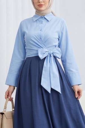 Yan Bağlamalı İspanyol Kol Düğmeli Gömlek  -Bebe Mavi