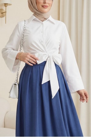 Yan Bağlamalı İspanyol Kol Düğmeli Gömlek  -Beyaz