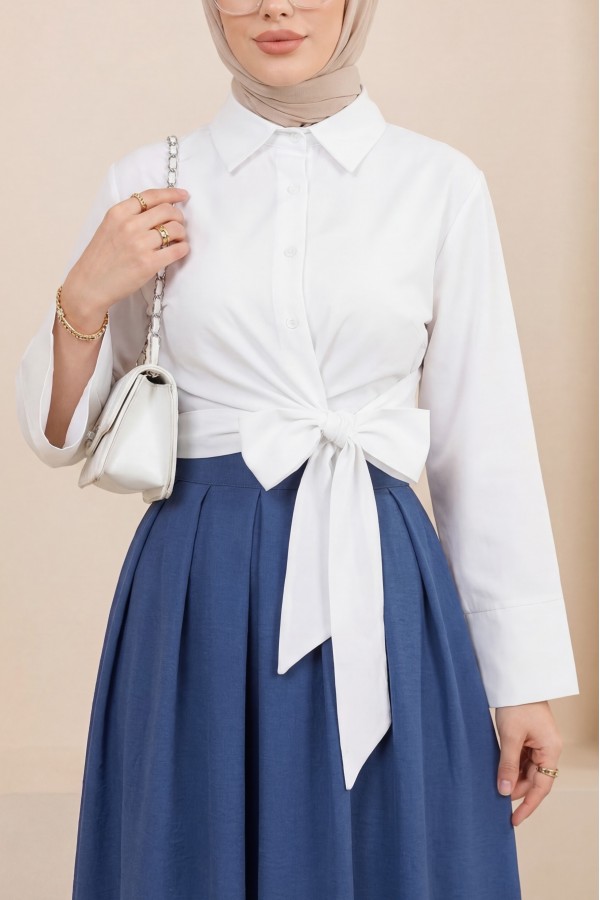 Side Tie Spanish Cufflink Shirt -White