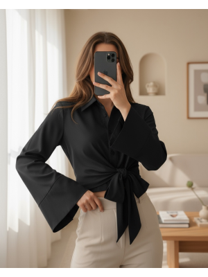 Yan Bağlamalı İspanyol Kol Düğmeli Gömlek  -Siyah