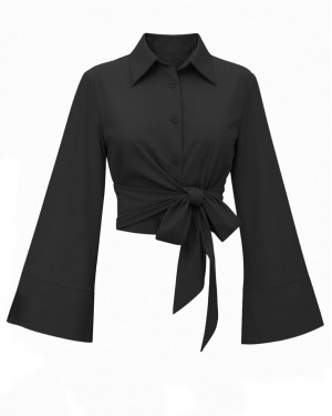 Yan Bağlamalı İspanyol Kol Düğmeli Gömlek  -Siyah