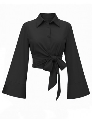 Yan Bağlamalı İspanyol Kol Düğmeli Gömlek  -Siyah