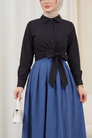 Yan Bağlamalı İspanyol Kol Düğmeli Gömlek  -Siyah