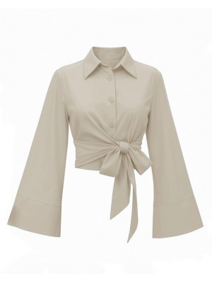 Yan Bağlamalı İspanyol Kol Düğmeli Gömlek   -Açık Vizon