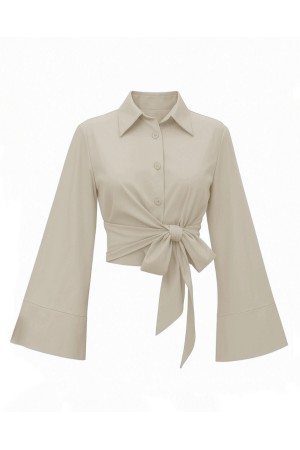 Yan Bağlamalı İspanyol Kol Düğmeli Gömlek   -Açık Vizon