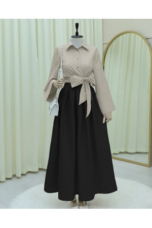 Yan Bağlamalı İspanyol Kol Düğmeli Gömlek   -Açık Vizon