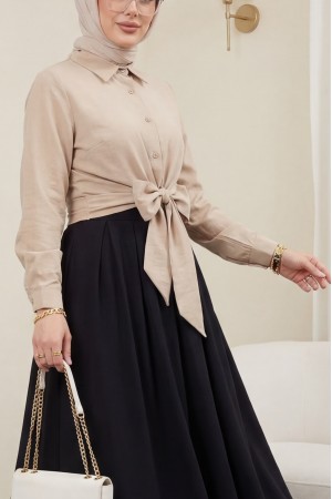 Yan Bağlamalı İspanyol Kol Düğmeli Gömlek   -Açık Vizon