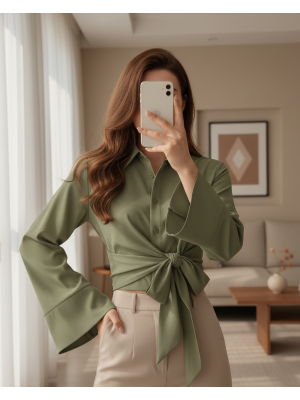 Yan Bağlamalı İspanyol Kol Düğmeli Gömlek   -Haki