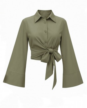 Yan Bağlamalı İspanyol Kol Düğmeli Gömlek   -Haki