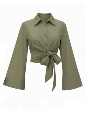 Yan Bağlamalı İspanyol Kol Düğmeli Gömlek   -Haki