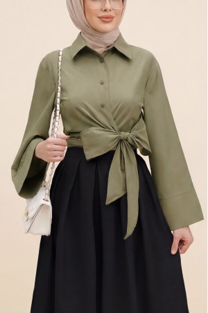 Yan Bağlamalı İspanyol Kol Düğmeli Gömlek   -Haki