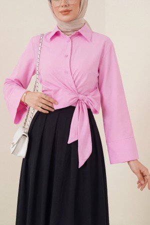 Yan Bağlamalı İspanyol Kol Düğmeli Gömlek   -Pembe