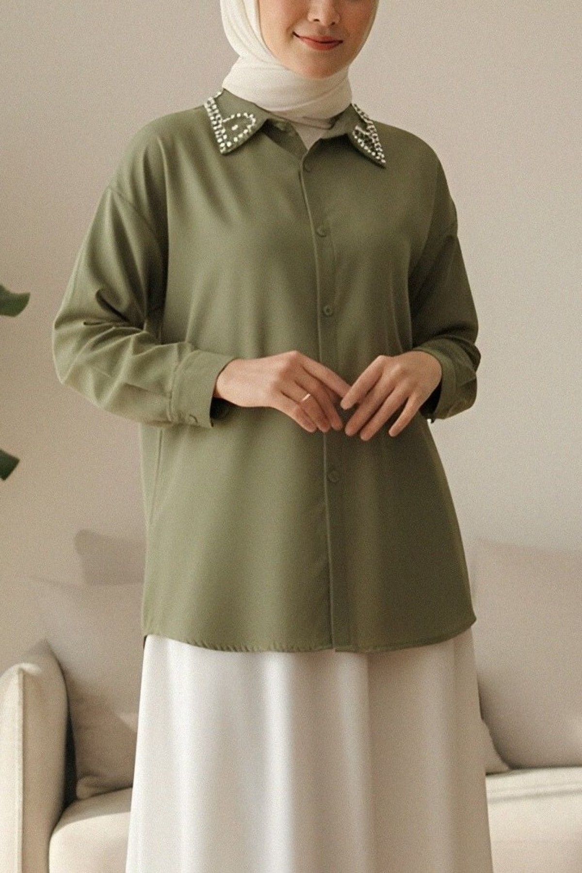 Casual Shirt with Stone Detailed Buttons on the Collar -Khaki