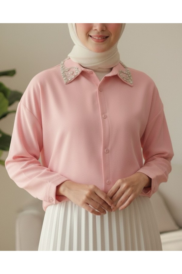Yakası Taş Detaylı Düğmeli Salaş Gömlek -Pembe