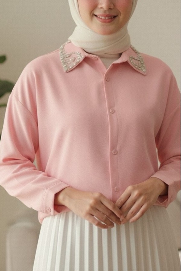 Casual Shirt with Stone Detailed Buttons on the Collar -Pink