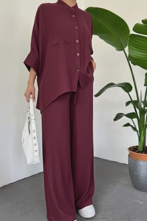 Double Pocket Half Bat Sleeve Loose Shirt Set  -Maroon