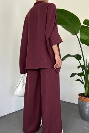 Double Pocket Half Bat Sleeve Loose Shirt Set  -Maroon