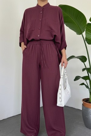 Double Pocket Half Bat Sleeve Loose Shirt Set  -Maroon