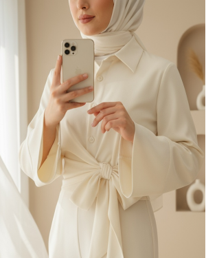 Yan Bağlamalı İspanyol Kol Düğmeli Gömlek    -Ekru