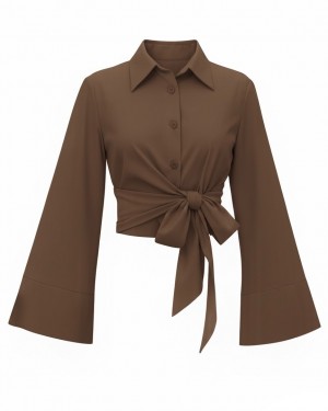 Yan Bağlamalı İspanyol Kol Düğmeli Gömlek    -Kahve