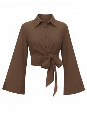 Yan Bağlamalı İspanyol Kol Düğmeli Gömlek    -Kahve