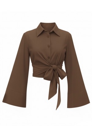 Yan Bağlamalı İspanyol Kol Düğmeli Gömlek    -Kahve