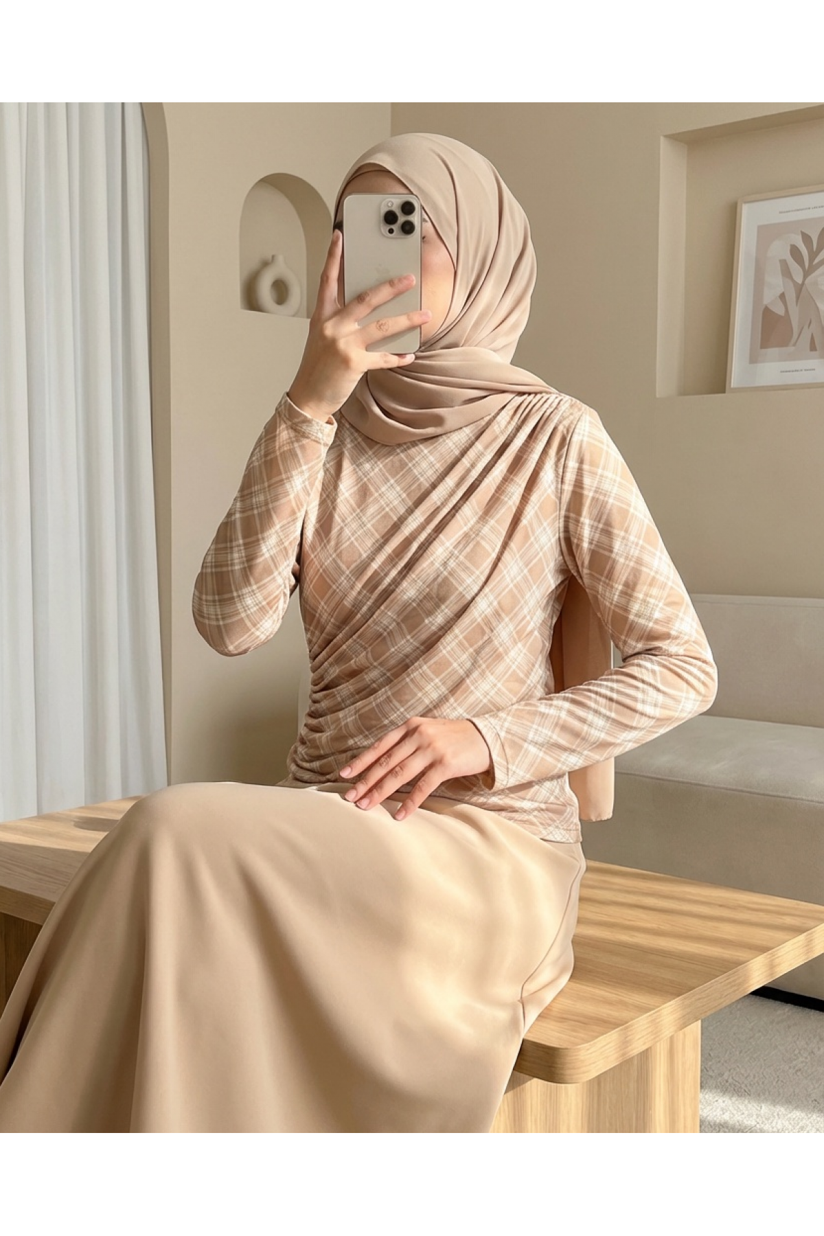 Side Gathered Plaid Blouse - Beige